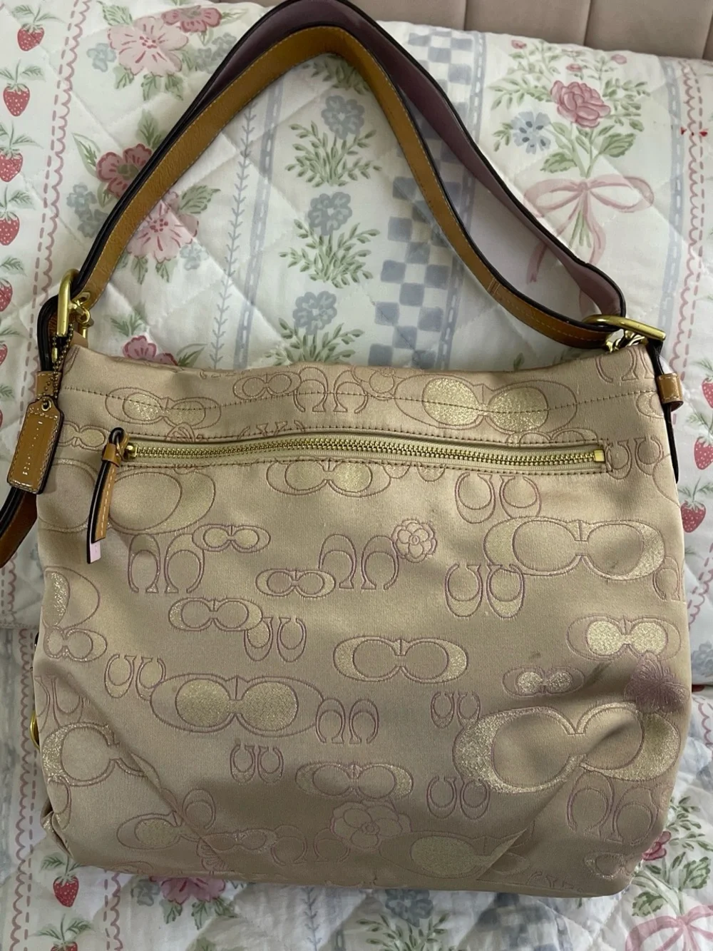 Coach Beige Signature Jacquard Shoulder Bag with metallic purple butterflies